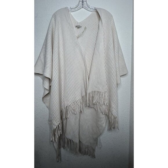 Loft Sweater Wrap Poncho Open Front Cream Knit Fringe One Size Lightweight - Picture 1 of 4